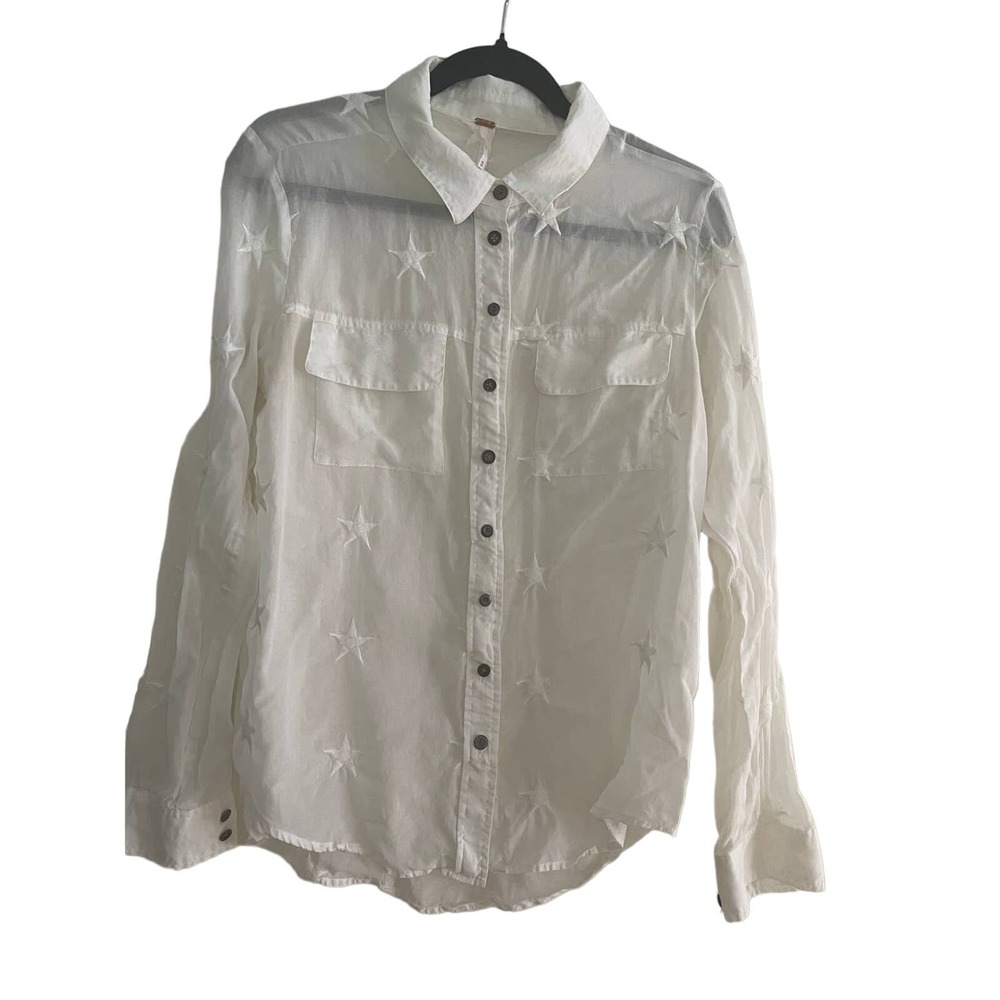 Free People White Long Sleeve Embroidered Stars Blouse Shirt. Size M. EUC
